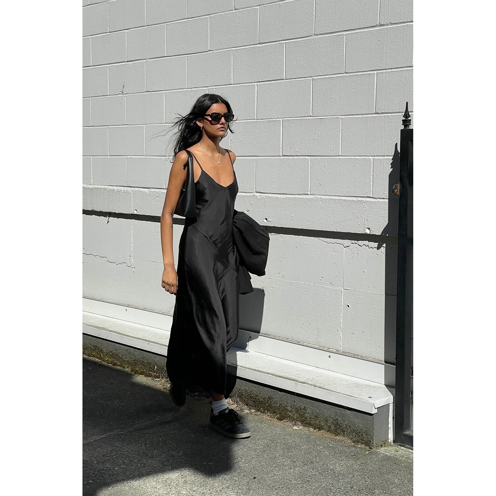 Oak + Fort Black Satin V-Neck Midi Slip Dress luxury high end money Medium - Picture 2 of 15